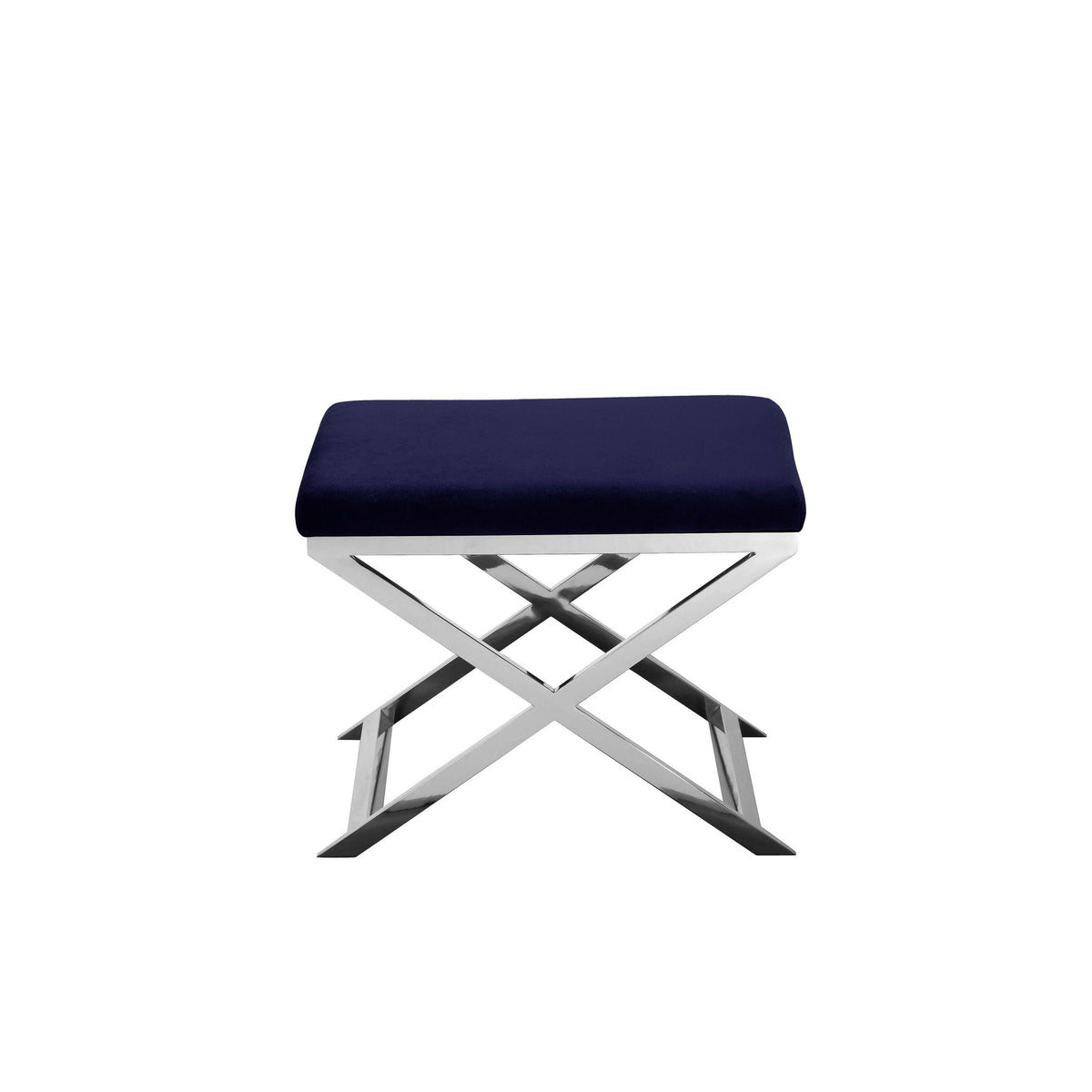 Sovi 20 Inch Accent Stool Ottoman, X Shape Steel Legs, Navy Blue Velvet - BM317064