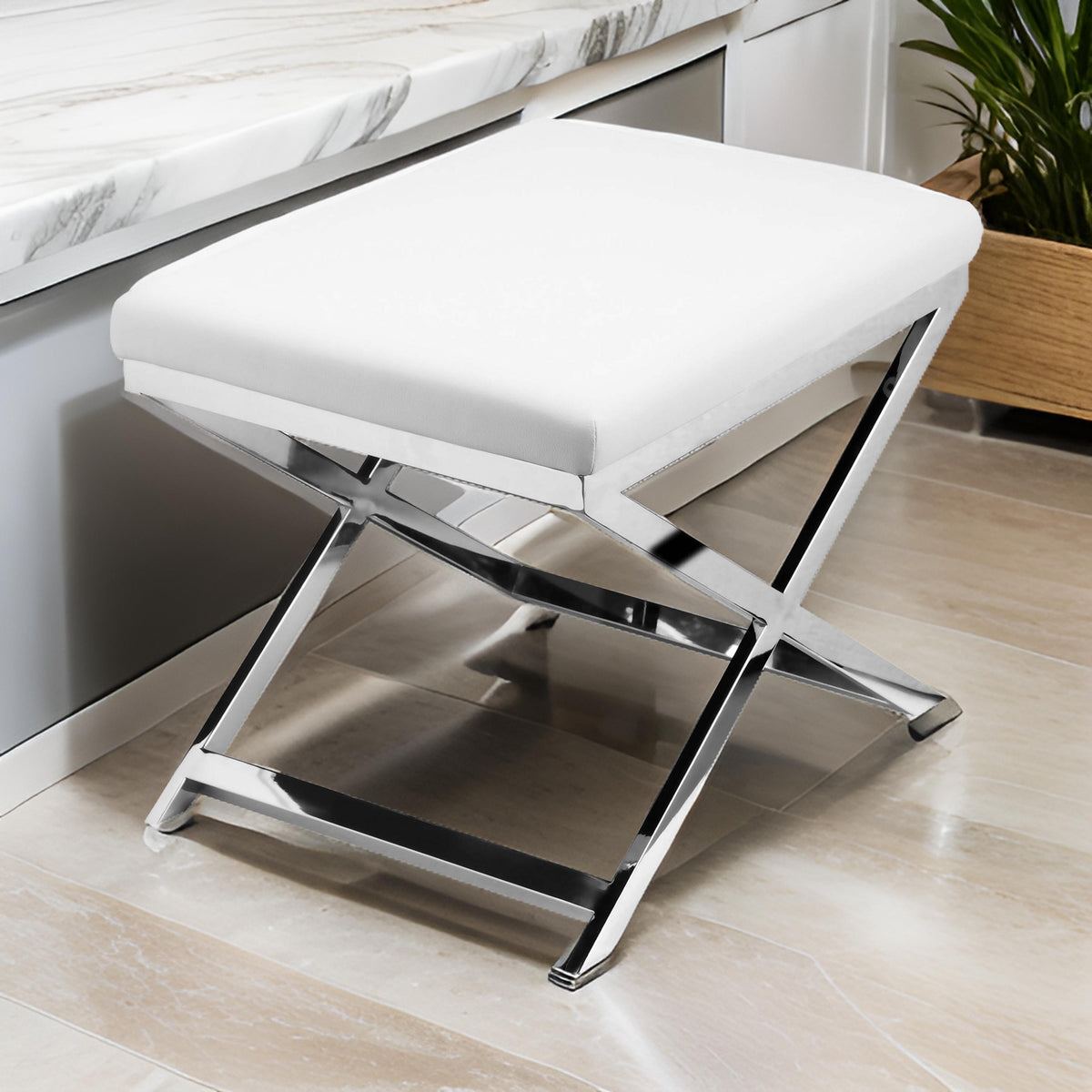 Sovi 20 Inch Accent Stool Ottoman, X Steel Legs, White Faux Leather - BM317065