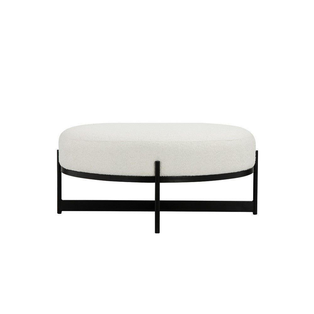 Aop 36 Inch Boucle Ottoman Stool, White Round Cushioned Seat, Black Base - BM317066