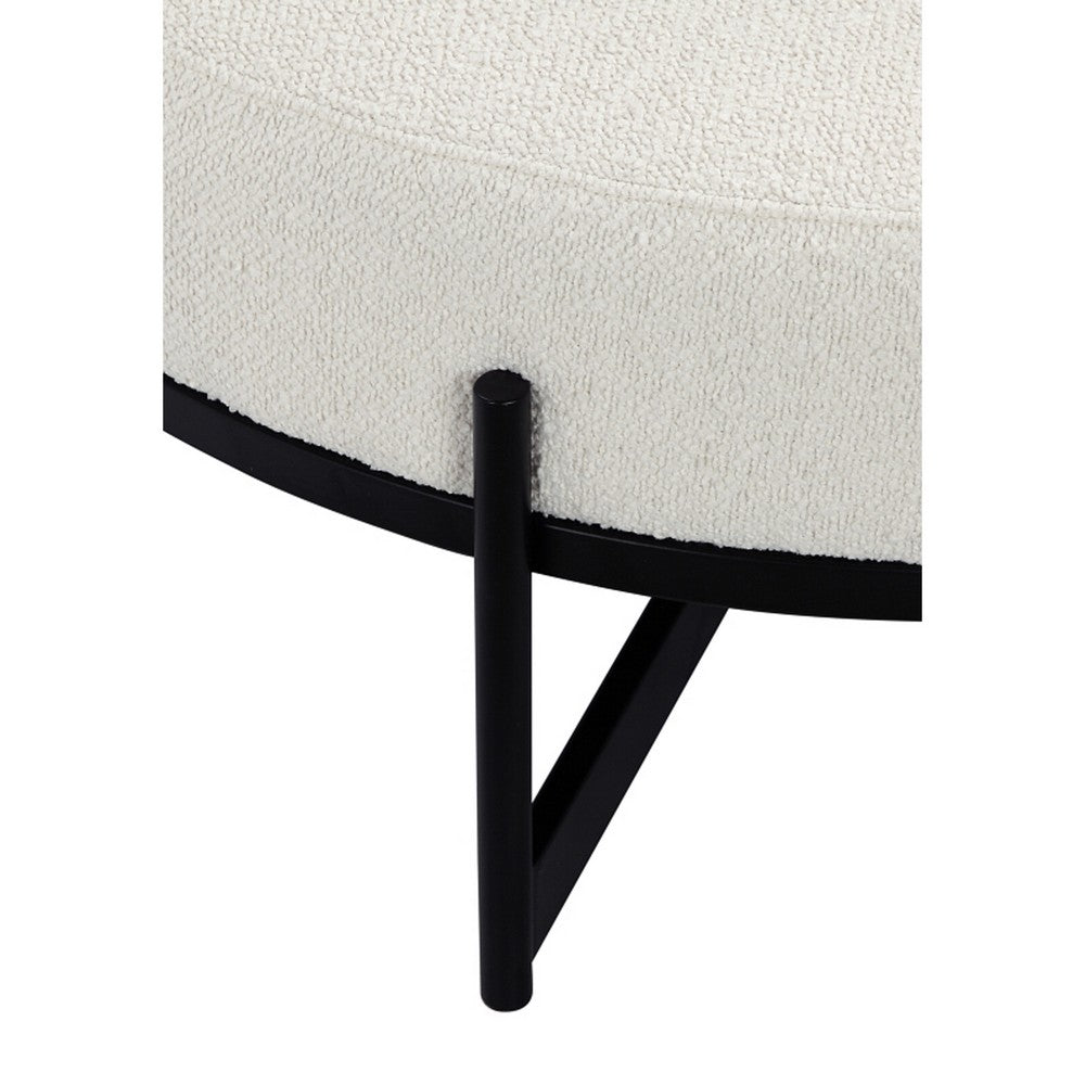 Aop 36 Inch Boucle Ottoman Stool, White Round Cushioned Seat, Black Base - BM317066