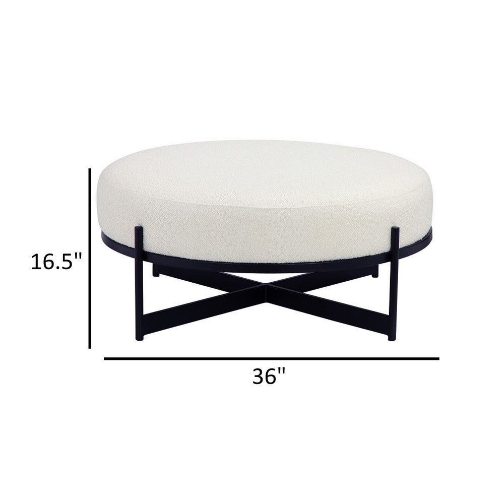 Aop 36 Inch Boucle Ottoman Stool, White Round Cushioned Seat, Black Base - BM317066