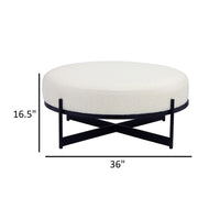 Aop 36 Inch Boucle Ottoman Stool, White Round Cushioned Seat, Black Base - BM317066