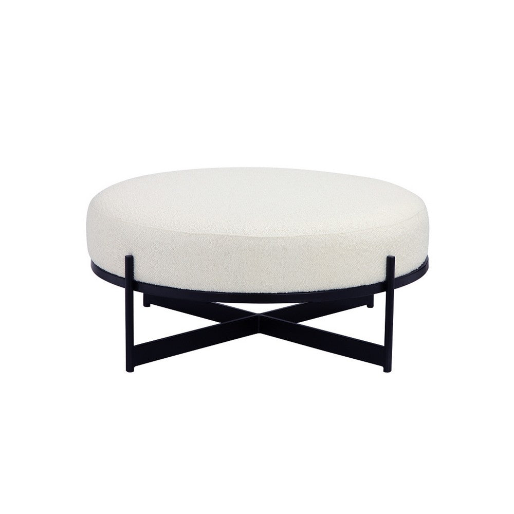 Aop 36 Inch Boucle Ottoman Stool, White Round Cushioned Seat, Black Base - BM317066