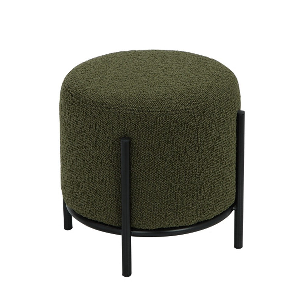 Aop 13 Inch Boucle Ottoman Stool, Round Cushioned Seat, Green Boucle, Black - BM317067