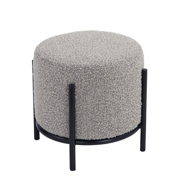 Aop 13 Inch Boucle Ottoman Stool, Round Cushioned Seat, Gray Boucle, Black - BM317068