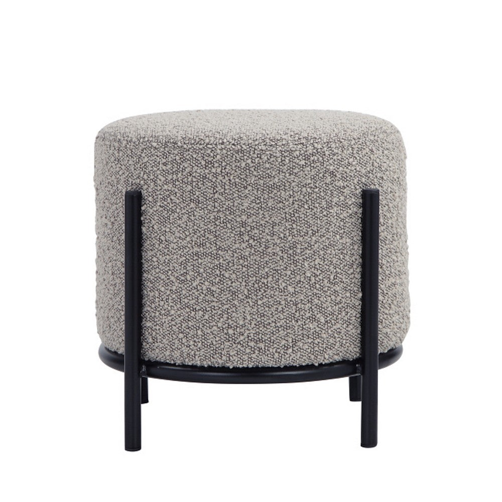 Aop 13 Inch Boucle Ottoman Stool, Round Cushioned Seat, Gray Boucle, Black - BM317068