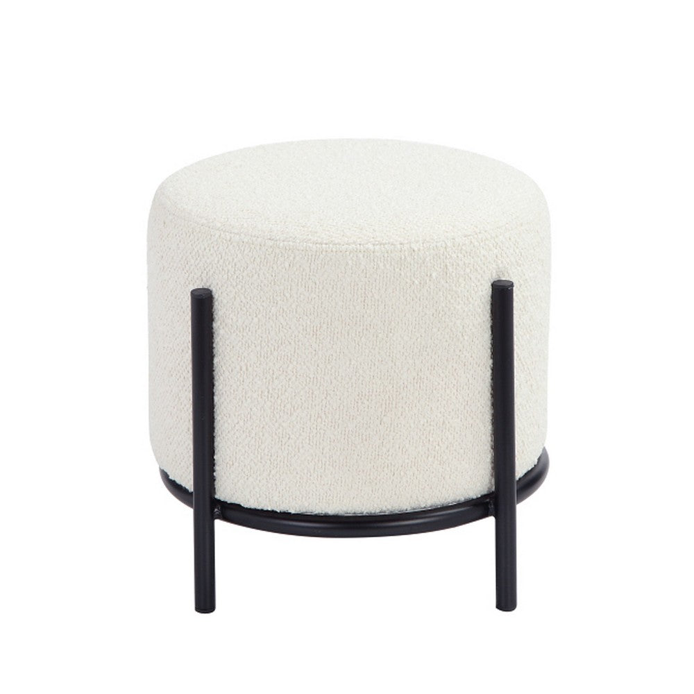 Aop 13 Inch Boucle Ottoman Stool, Round Cushioned Seat, White Boucle, Black - BM317069