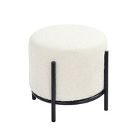 Aop 13 Inch Boucle Ottoman Stool, Round Cushioned Seat, White Boucle, Black - BM317069