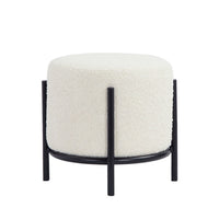 Aop 13 Inch Boucle Ottoman Stool, Round Cushioned Seat, White Boucle, Black - BM317069