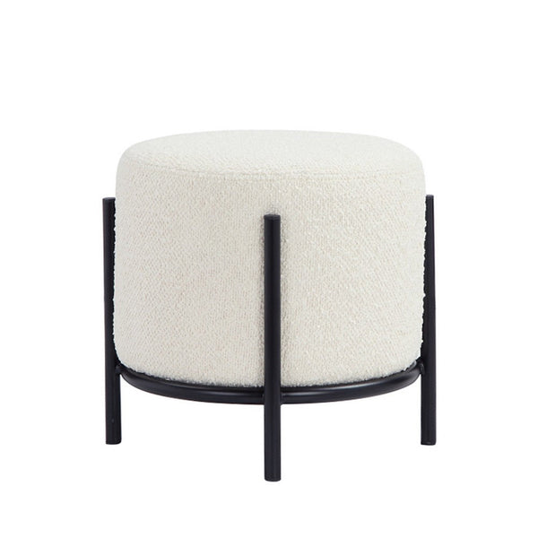 Aop 13 Inch Boucle Ottoman Stool, Round Cushioned Seat, White Boucle, Black - BM317069