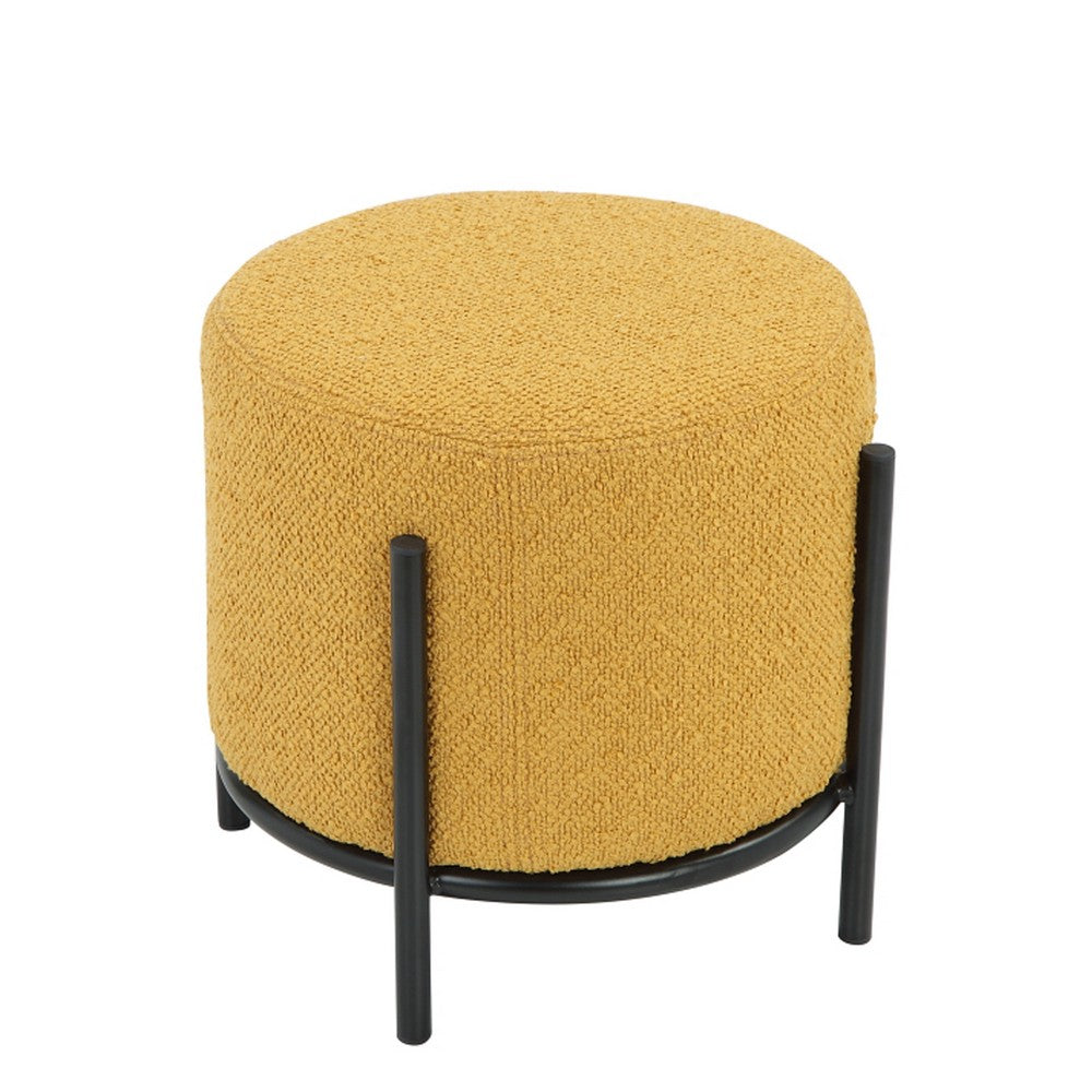 Aop 13 Inch Boucle Ottoman Stool, Round Cushioned Seat Yellow Boucle, Black - BM317070