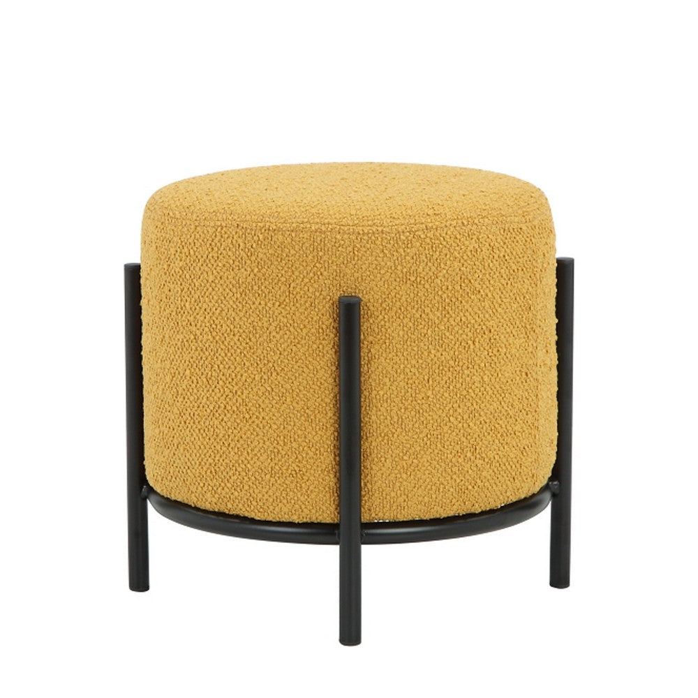 Aop 13 Inch Boucle Ottoman Stool, Round Cushioned Seat Yellow Boucle, Black - BM317070