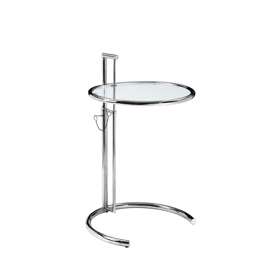 Benzara Deko Side Table, 28-39 Inch Adjustable Height, Round Glass Top, Chrome