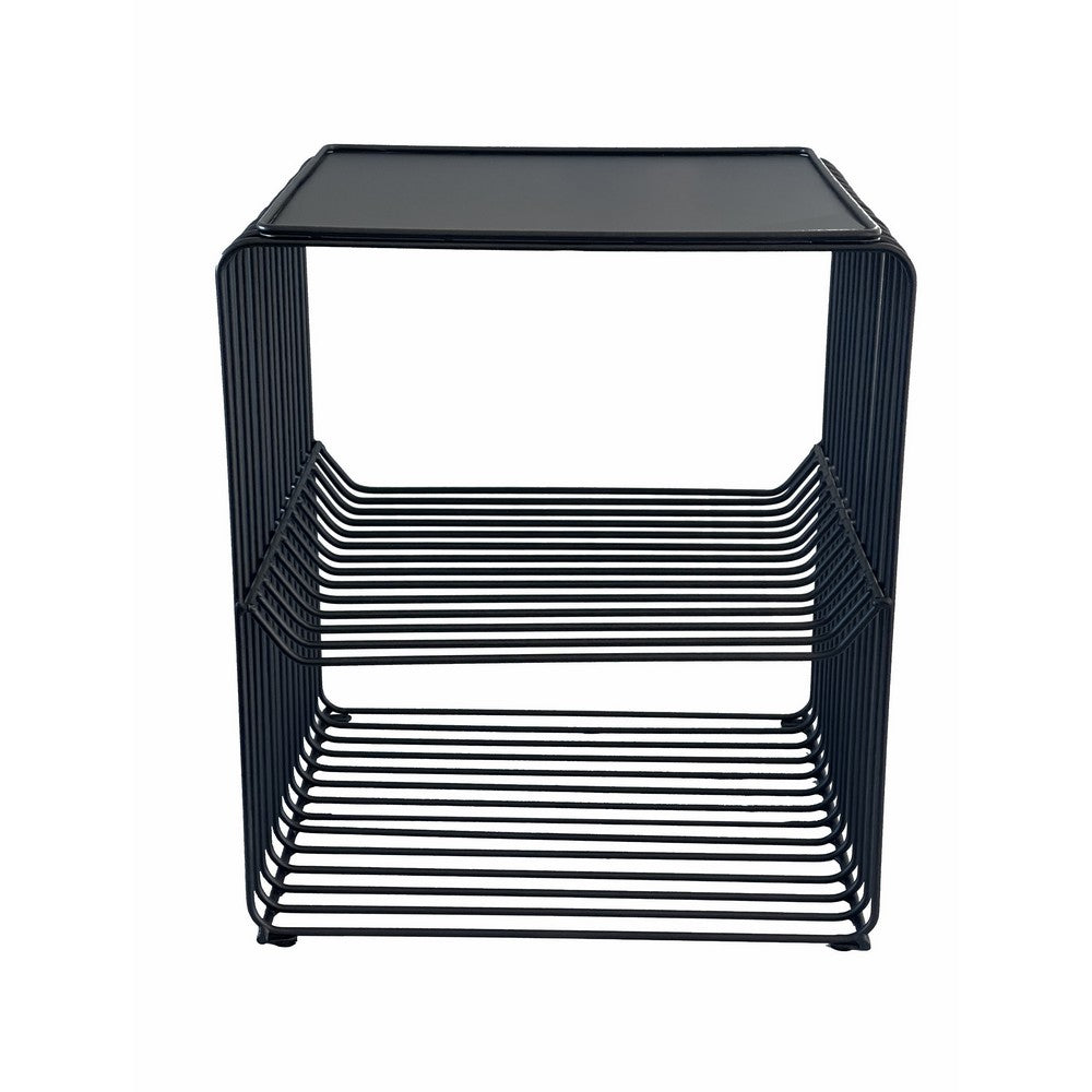 20 Inch Tall Side End Table, 2 Shelves, Square Top, Black Metal Wire Frame - BM317084