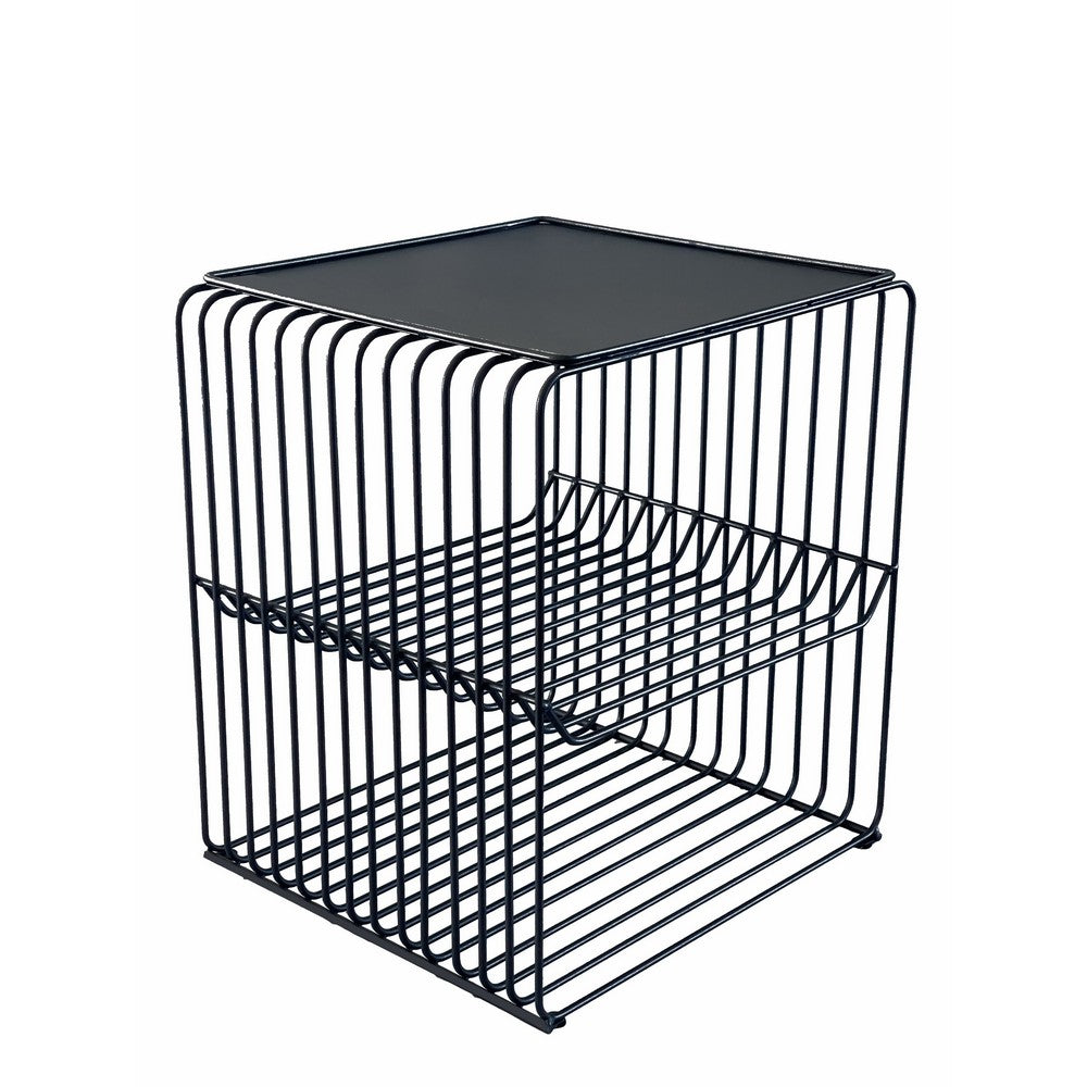 20 Inch Tall Side End Table, 2 Shelves, Square Top, Black Metal Wire Frame - BM317084