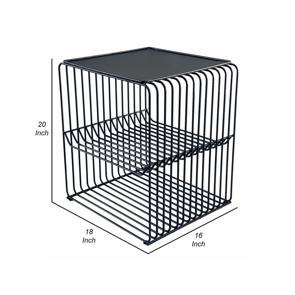 20 Inch Tall Side End Table, 2 Shelves, Square Top, Black Metal Wire Frame - BM317084