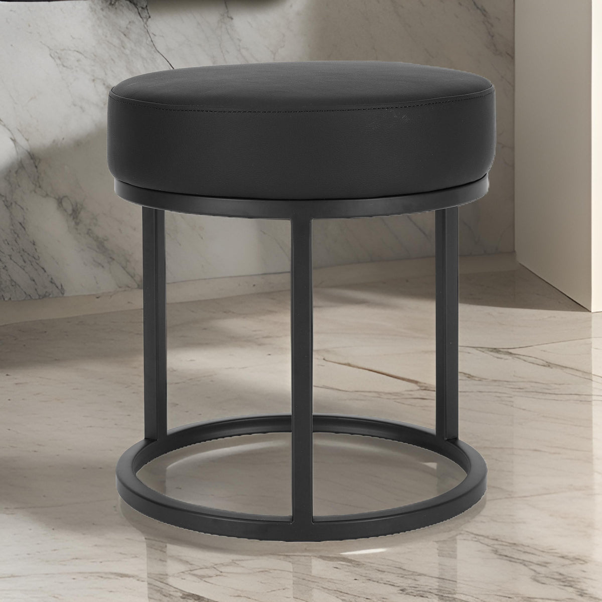 18 Inch Accent Stool Ottoman, Round Seat, Open Metal Frame, Black Finish - BM317090