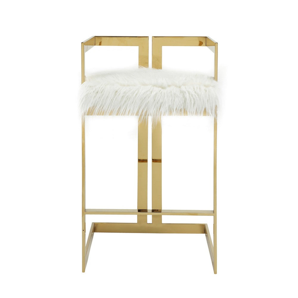 Suki 30 Inch Barstool Chair, White Faux Fur Seat, Stainless Steel, Gold - BM317094