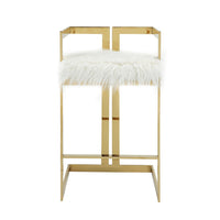 Suki 30 Inch Barstool Chair, White Faux Fur Seat, Stainless Steel, Gold - BM317094