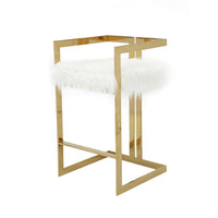 Suki 30 Inch Barstool Chair, White Faux Fur Seat, Stainless Steel, Gold - BM317094