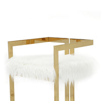 Suki 30 Inch Barstool Chair, White Faux Fur Seat, Stainless Steel, Gold - BM317094