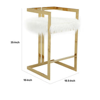 Suki 30 Inch Barstool Chair, White Faux Fur Seat, Stainless Steel, Gold - BM317094