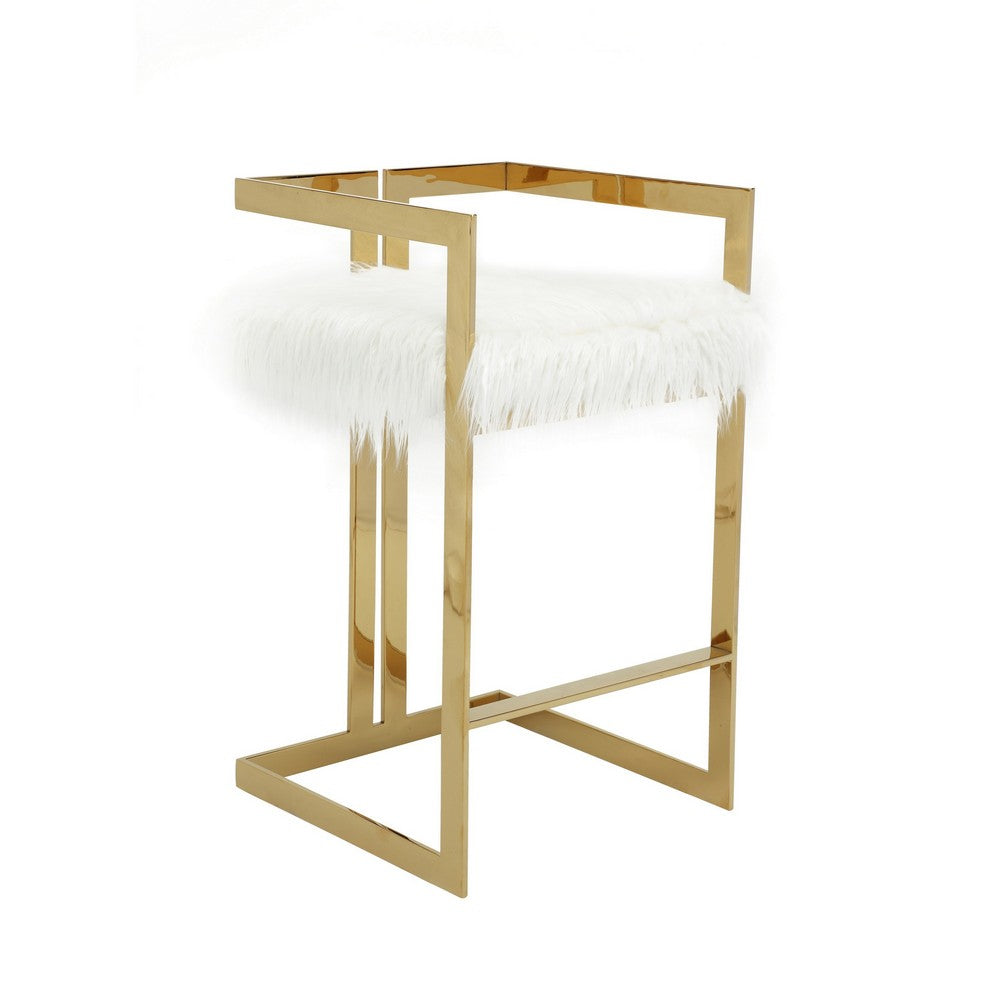 Suki 30 Inch Barstool Chair, White Faux Fur Seat, Stainless Steel, Gold - BM317094