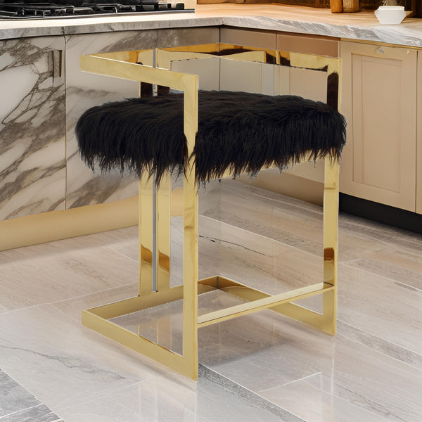 Suki 26 Inch Barstool Chair, Black Faux Fur Seat, Stainless Steel, Gold - BM317095