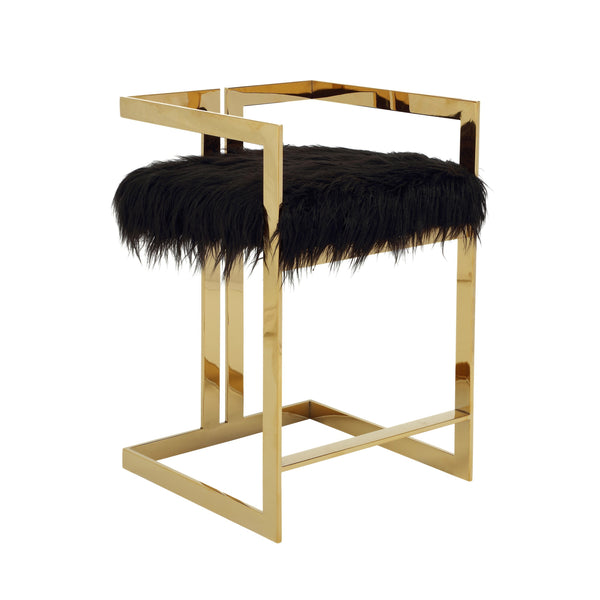 Suki 26 Inch Barstool Chair, Black Faux Fur Seat, Stainless Steel, Gold - BM317095