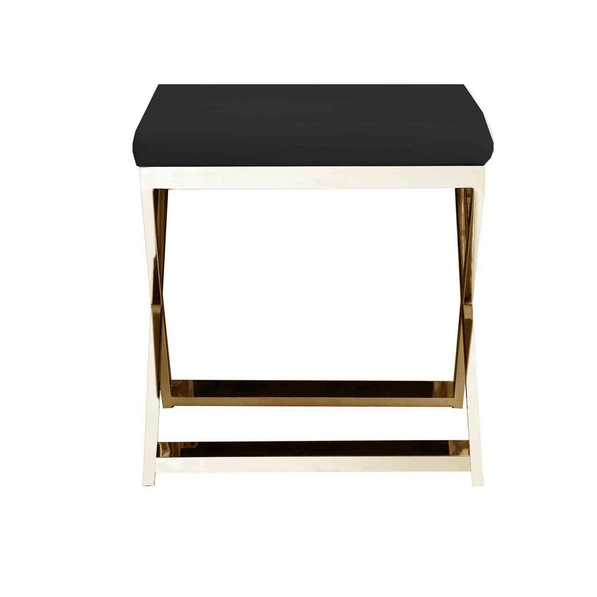 Sovi 20 Inch Ottoman Stool, Black Faux Leather, Stainless Steel Frame, Gold - BM317097