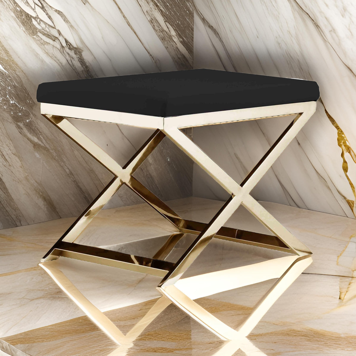 Sovi 20 Inch Ottoman Stool, Black Faux Leather, Stainless Steel Frame, Gold - BM317097