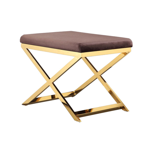 Sovi 20 Inch Ottoman Stool, Chocolate Brown Velvet, Stainless Steel, Gold - BM317098