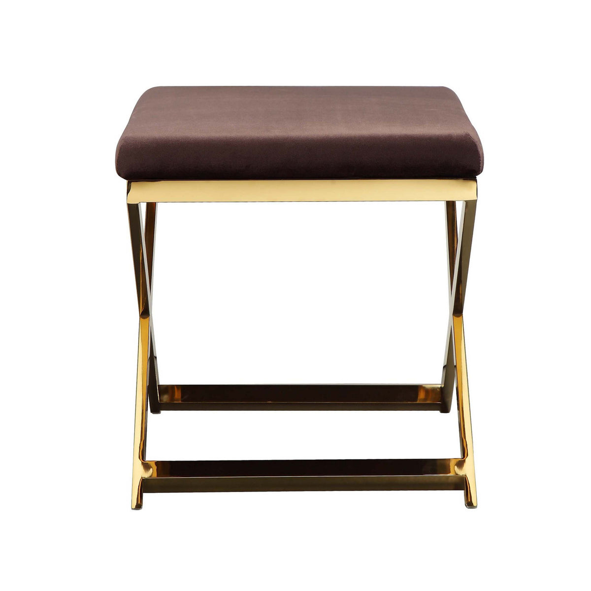 Sovi 20 Inch Ottoman Stool, Chocolate Brown Velvet, Stainless Steel, Gold - BM317098