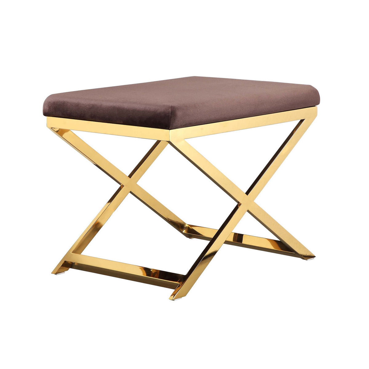 Sovi 20 Inch Ottoman Stool, Chocolate Brown Velvet, Stainless Steel, Gold - BM317098