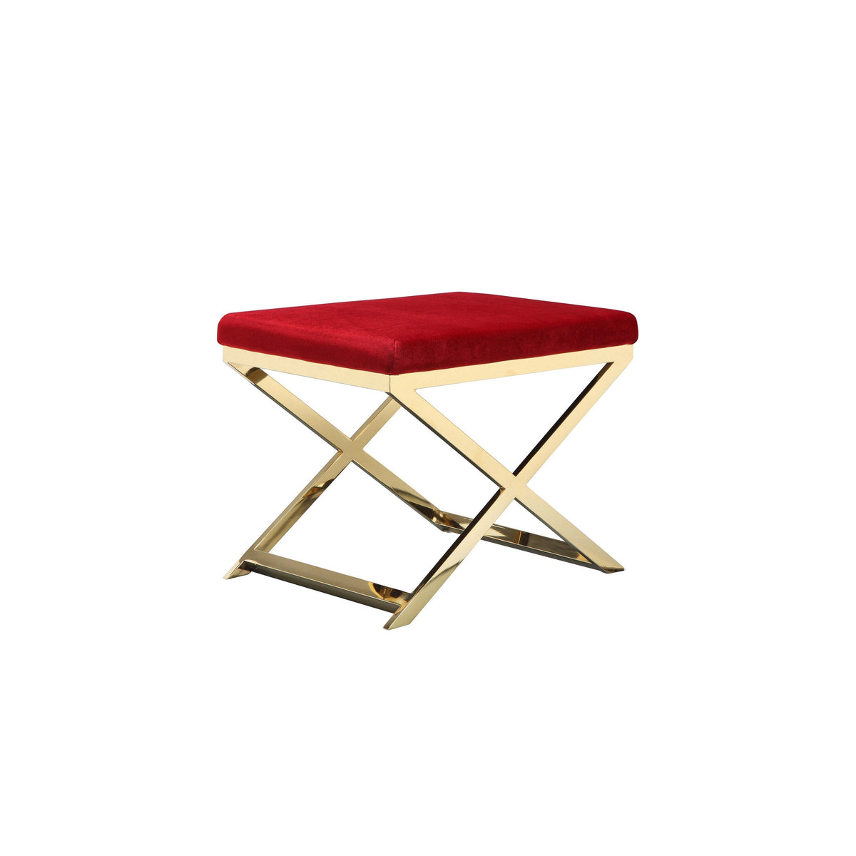 Sovi 20 Inch Ottoman Stool, Maroon Velvet Seat, Stainless Steel Frame, Gold - BM317100