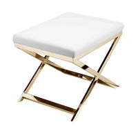 Sovi 20 Inch Ottoman Stool, White Faux Leather Seat, Stainless Steel Frame, Gold - BM317101