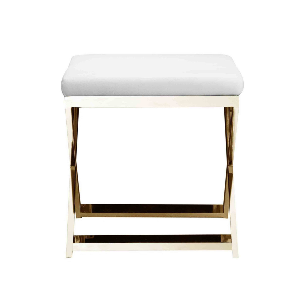 Sovi 20 Inch Ottoman Stool, White Faux Leather Seat, Stainless Steel Frame, Gold - BM317101