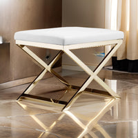 Sovi 20 Inch Ottoman Stool, White Faux Leather Seat, Stainless Steel Frame, Gold - BM317101