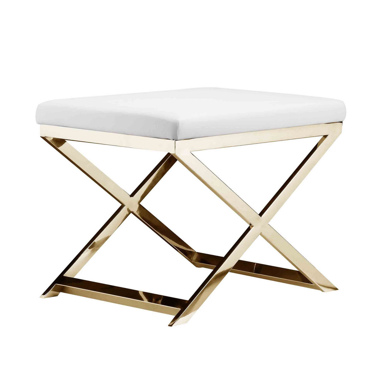 Sovi 20 Inch Ottoman Stool, White Faux Leather Seat, Stainless Steel Frame, Gold - BM317101