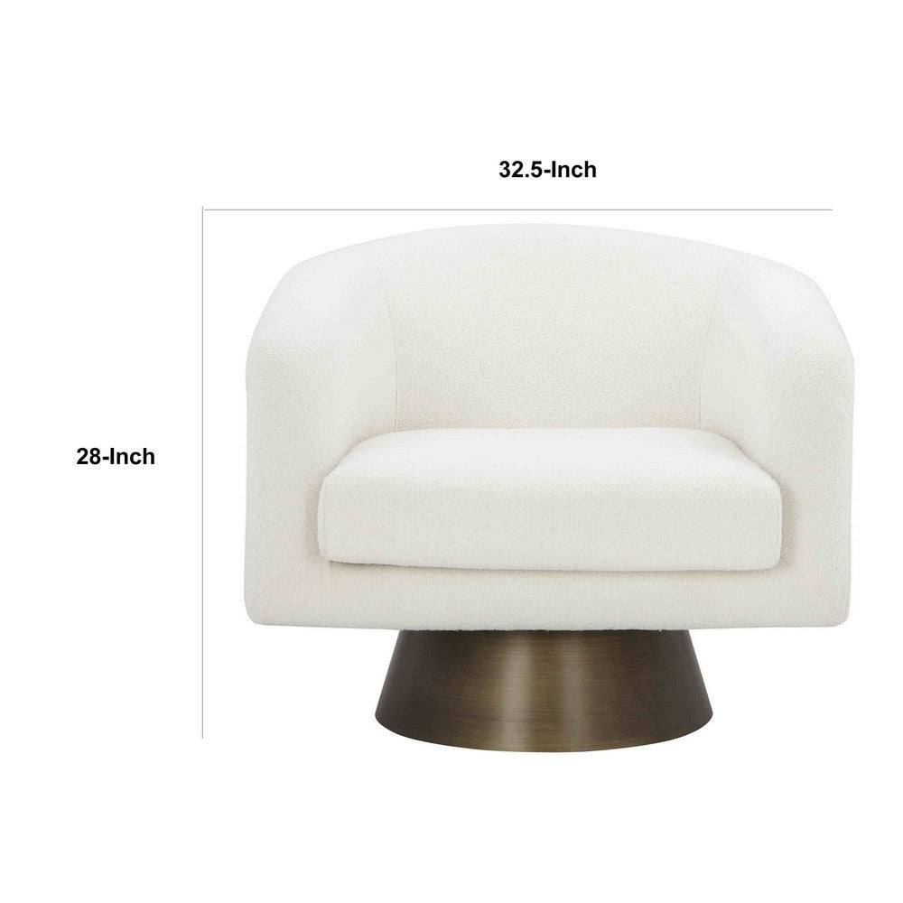 Tola 33 Inch Lounge Chair, Round Frame, White Boucle Fabric, Brass Base - BM317110