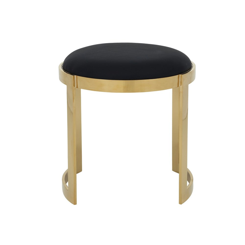 Niyo 19 Inch Ottoman Stool, Round Black Faux Leather, Stainless Steel, Gold - BM317111