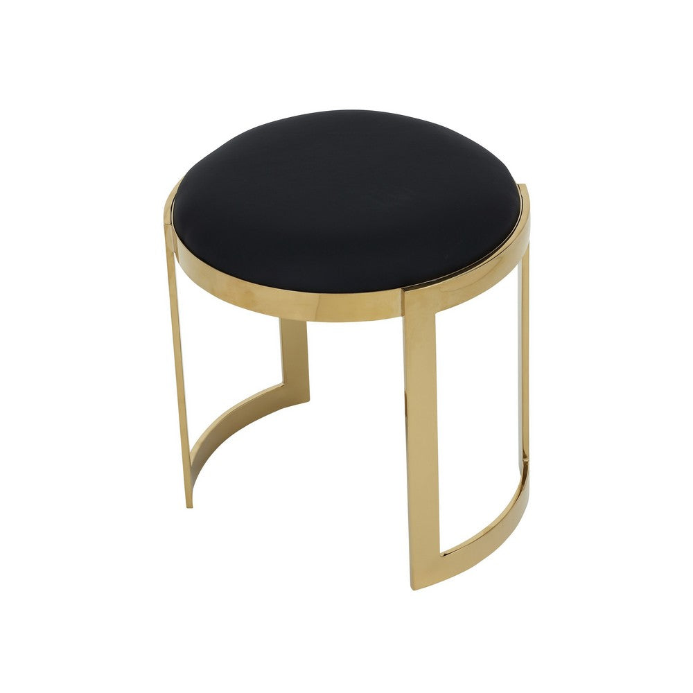 Niyo 19 Inch Ottoman Stool, Round Black Faux Leather, Stainless Steel, Gold - BM317111