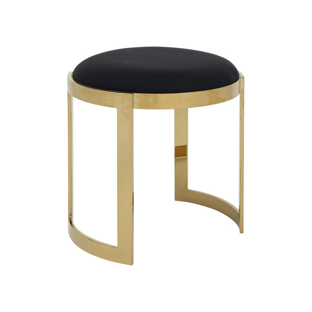 Niyo 19 Inch Ottoman Stool, Round Black Faux Leather, Stainless Steel, Gold - BM317111