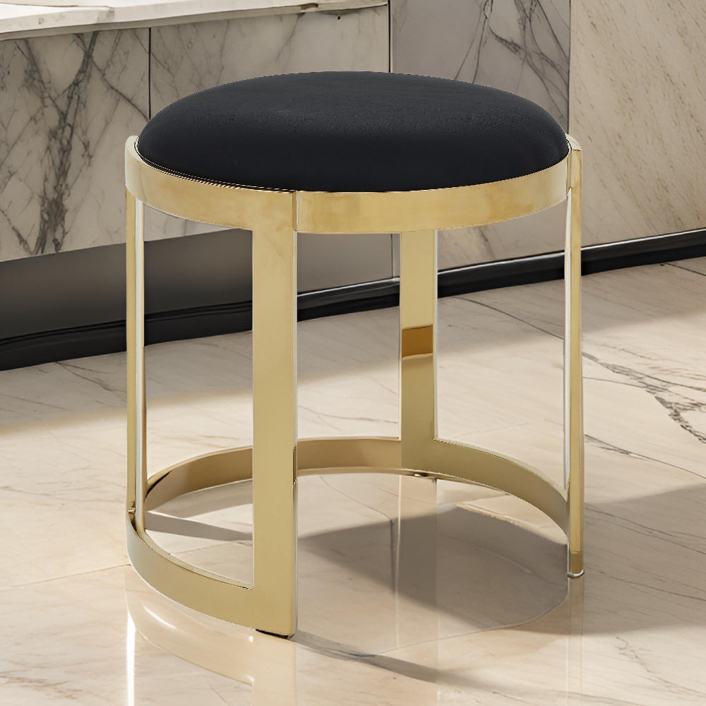 Niyo 19 Inch Ottoman Stool, Round Black Faux Leather, Stainless Steel, Gold - BM317111