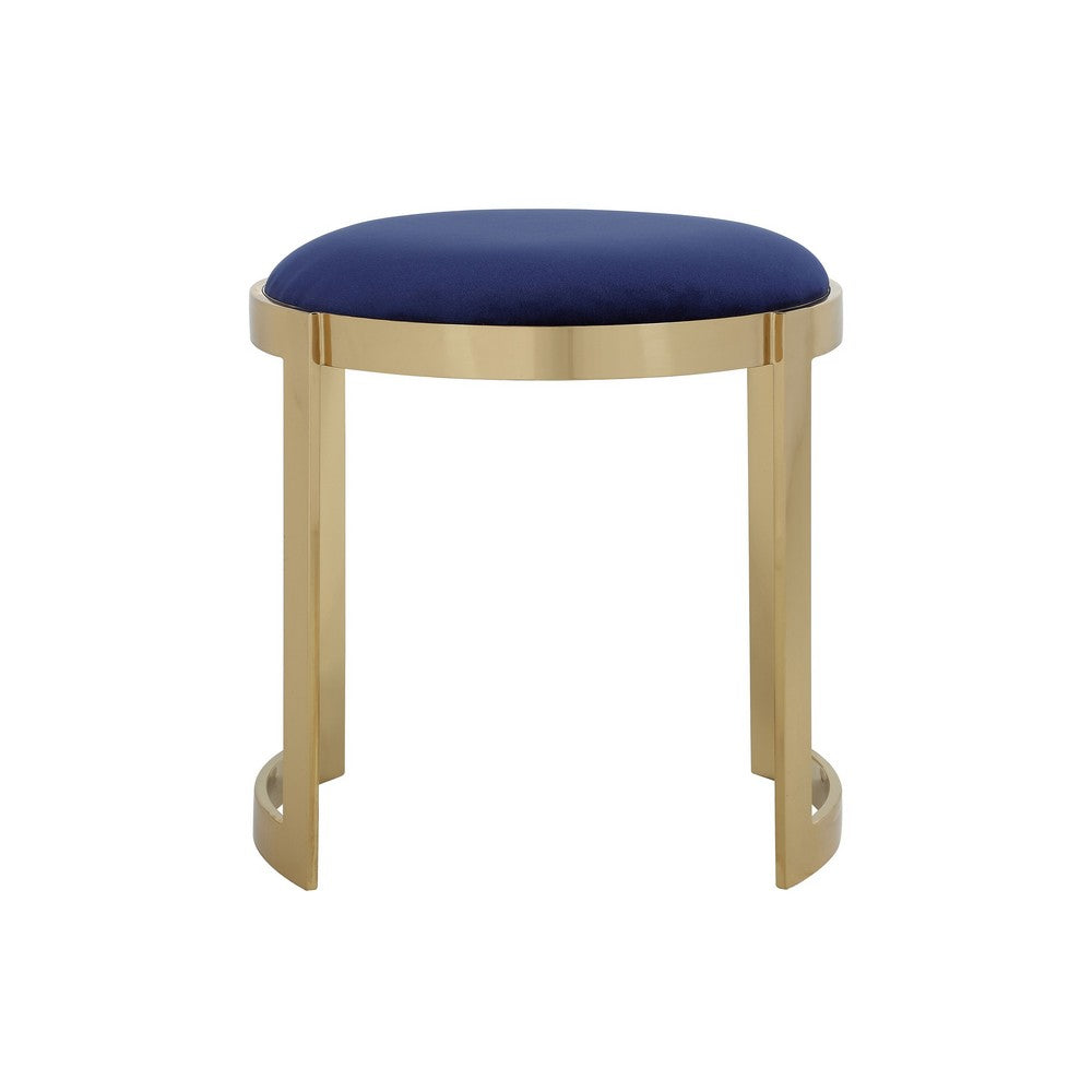 Niyo 19 Inch Ottoman Stool, Round Navy Blue Velvet, Gold Stainless Steel - BM317112