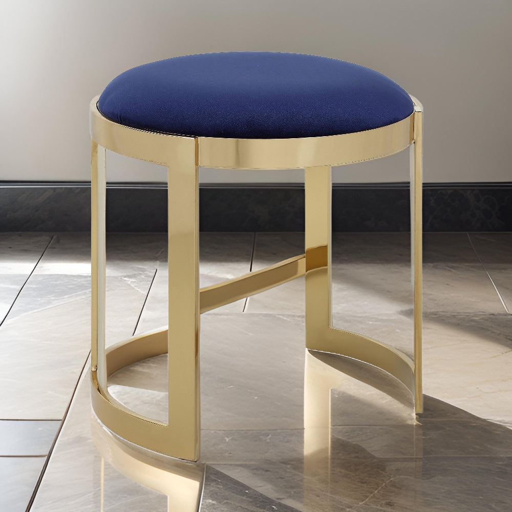 Niyo 19 Inch Ottoman Stool, Round Navy Blue Velvet, Gold Stainless Steel - BM317112