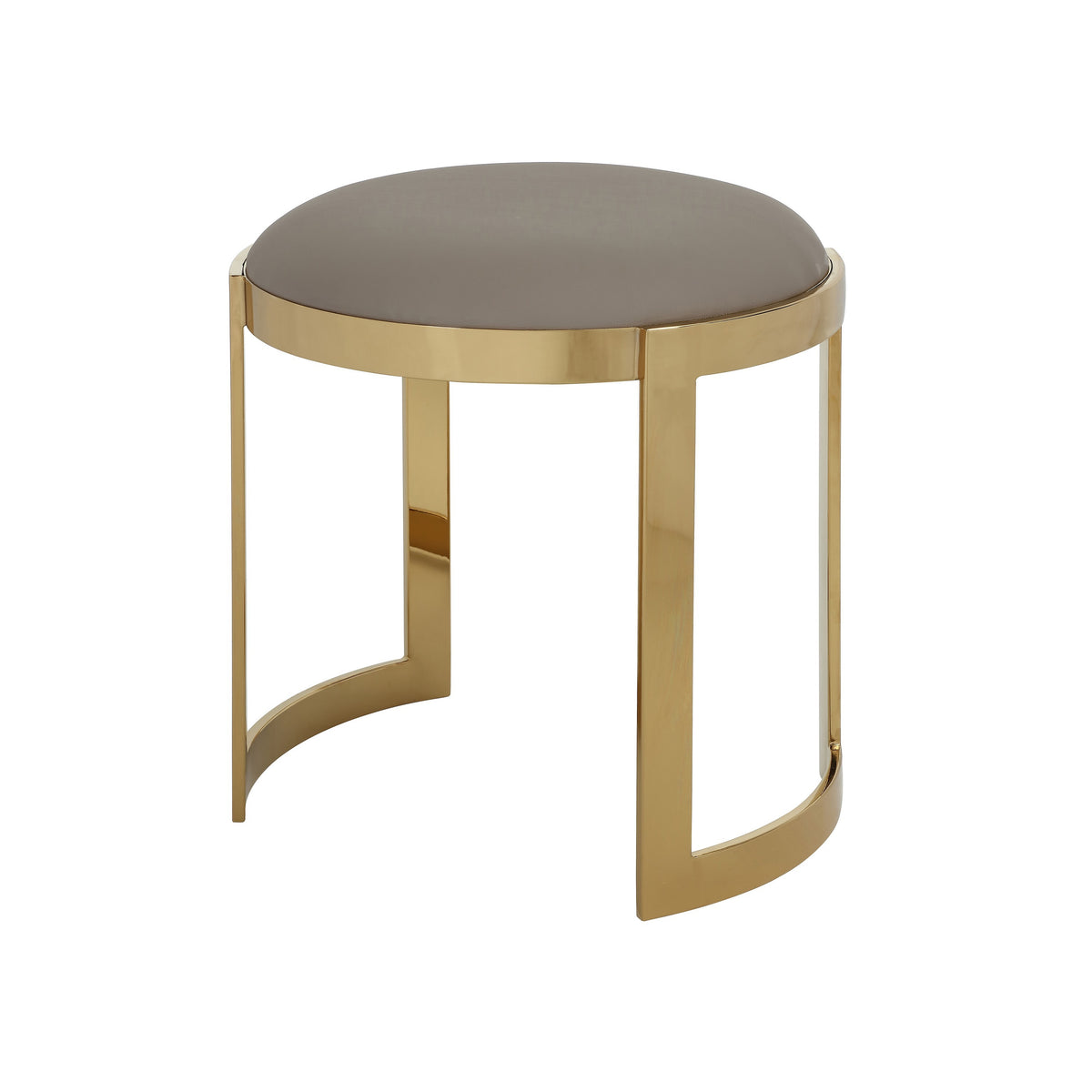 Niyo 19 Inch Ottoman Stool, Round Sand Faux Leather, Stainless Steel, Gold - BM317113