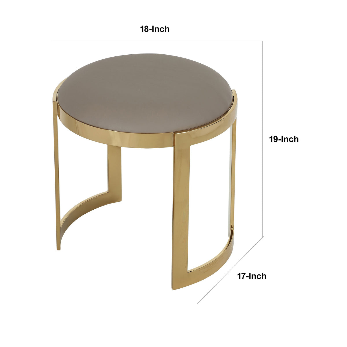 Niyo 19 Inch Ottoman Stool, Round Sand Faux Leather, Stainless Steel, Gold - BM317113