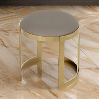 Niyo 19 Inch Ottoman Stool, Round Sand Faux Leather, Stainless Steel, Gold - BM317113