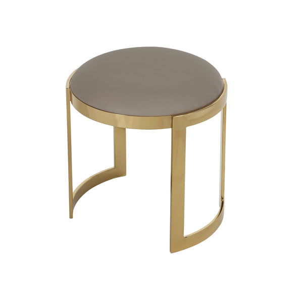 Niyo 19 Inch Ottoman Stool, Round Sand Faux Leather, Stainless Steel, Gold - BM317113